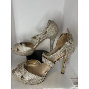 Maripé Shelzi Gold Glitter High Heel Peep Toe Platform Sandals Size 9